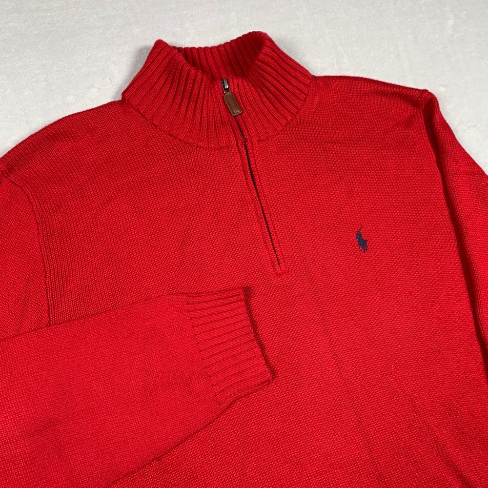 Polo Ralph Lauren Quarter Zip Sweater Mens Medium Red Cotton Knit Pullover